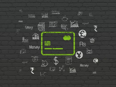 Money concept: Painted green Credit Card icon on Black Brick wall background with  Hand Drawn Finance Icons