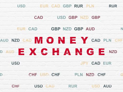 Money concept: Painted red text Money Exchange on White Brick wall background with Currency