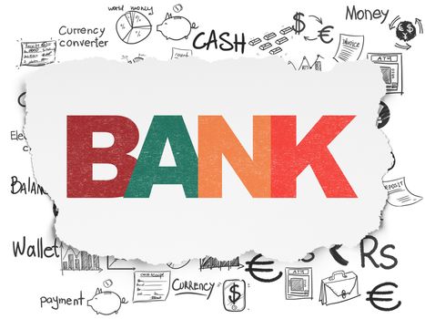 Banking concept: Painted multicolor text Bank on Torn Paper background with  Hand Drawn Finance Icons