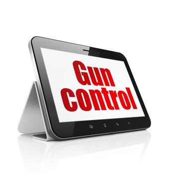 Protection concept: Tablet Computer with  red text Gun Control on display,  Hexadecimal Code background, 3D rendering