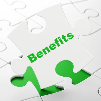 Business concept: Benefits on White puzzle pieces background, 3D rendering