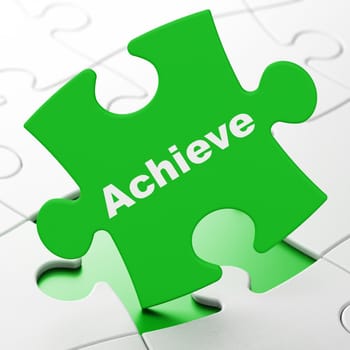 Business concept: Achieve on Green puzzle pieces background, 3D rendering