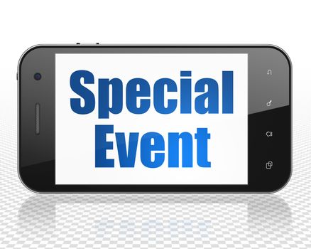 Finance concept: Smartphone with blue text Special Event on display, 3D rendering