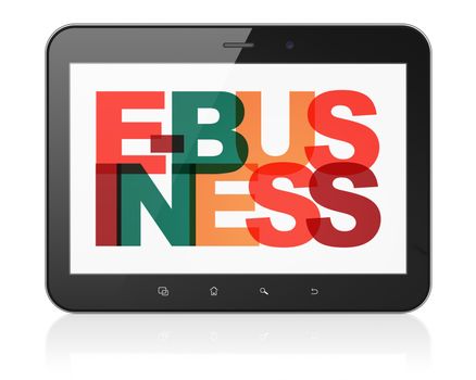 Business concept: Tablet Computer with Painted multicolor text E-business on display, 3D rendering
