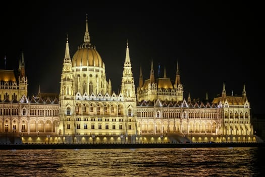 Hungarian Parliament Building Illumintaed at Night in Budapest