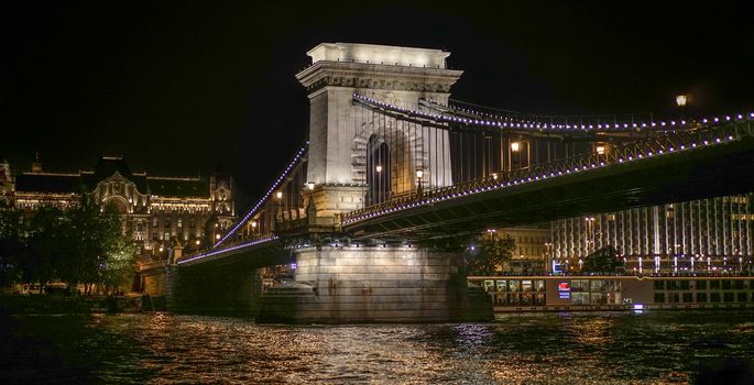 Chain Bridge Illuminated at Night in Budapest