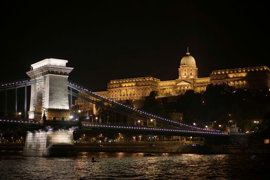 Chain Bridge Illuminated at Night in Budapest