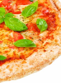Slice of Freshly Baked Homemade Margherita Pizza with Tomatoes, Cheese and Basil Leafs isolated on White background