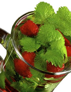 Raspberry Beverage with Perfect Fresh Lemon-Balm Leafs in Glass Cup on White background