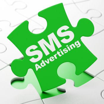 Advertising concept: SMS Advertising on Green puzzle pieces background, 3D rendering