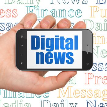 News concept: Hand Holding Smartphone with  blue text Digital News on display,  Tag Cloud background, 3D rendering