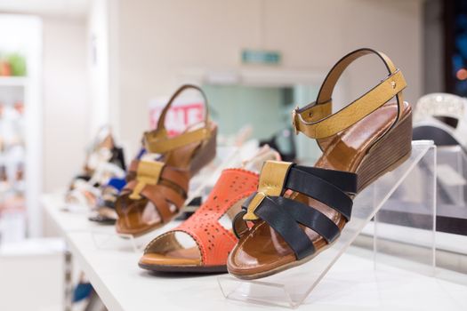 Women's shoes in a shop window in a store, Russia