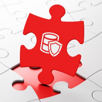 Database concept: Database With Shield on Red puzzle pieces background, 3D rendering