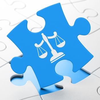 Law concept: Scales on Blue puzzle pieces background, 3D rendering
