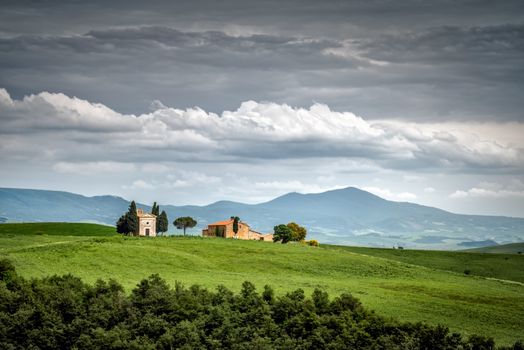 Chapel of Vitaleta on the Crest of a Hill in Val d'Orcia near San Quiricio