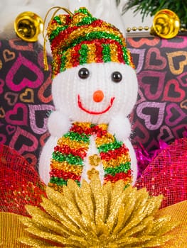 Snow man and accessories decorated with Christmas tree