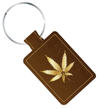 A brown leather key fob and ring with a marijuana gold leaf icon