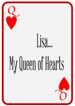 A red queen of hearts playing card withLisa.