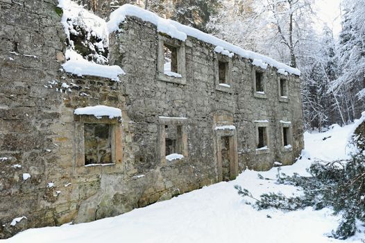 Dolsky mill in the Czech Switzerland with snow and frost