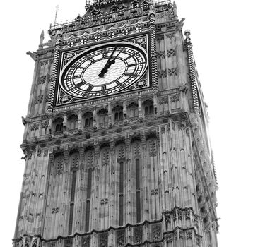 Black and white Big ben clock tower London, Westminster Abbey isolated