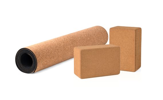Yoga Cork Mat and Blocks Premium and Eco Friendly on White Background