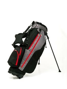 Golf Leather Stand Bag, Black and Gray Color with Red Trimmings on White Background