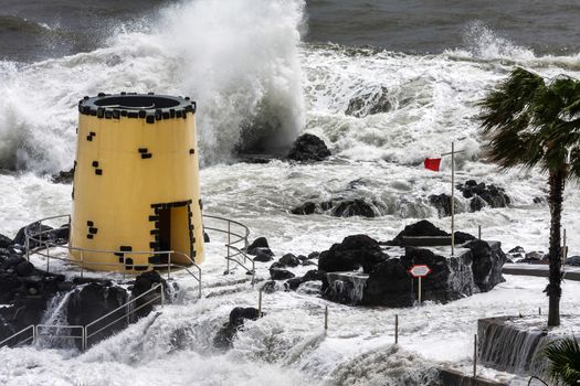 Tropical Storm Hitting the Lookout Tower in the Grounds of the Savoy Hotel Funchal