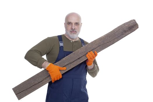 Builder with a log in hand on a white background