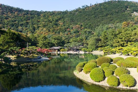 Japanese Ritsurin Garden in autumn