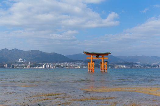 Itsukushima Shrine in Japan and sunshine
