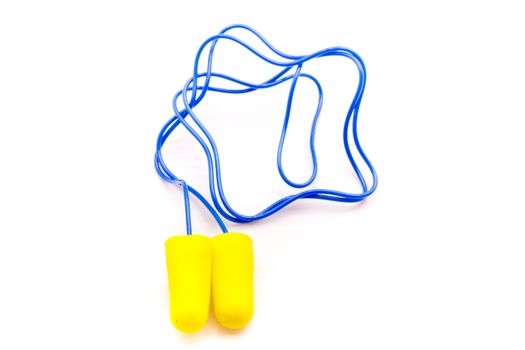 Yellow earplugs with blue band on white background.