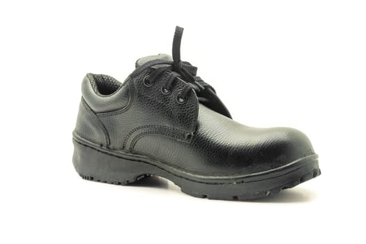 Protective workwear black safety shoes on white background.