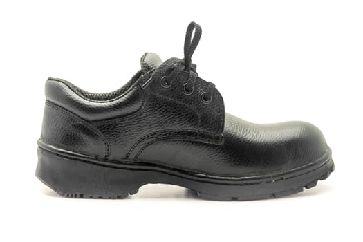 Protective workwear black safety shoes on white background.