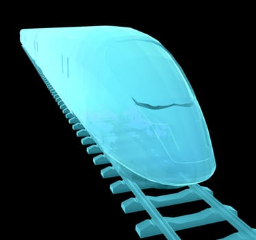 Glow blue high-speed train on black background. 3d illustration