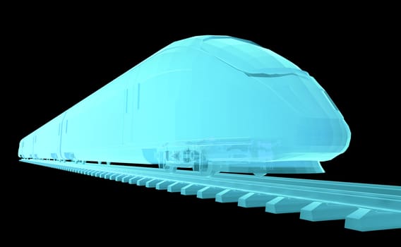 Glow blue high-speed train on black background. 3d illustration