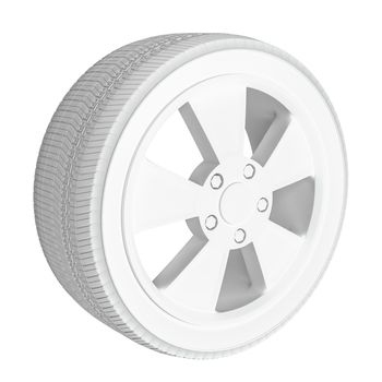 White Car Wheel on White Background. 3D Illustration