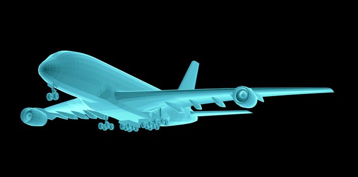 Airplane. Xray image isolated on black. 3d illustration