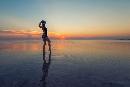 Beauty sunset on salty lake in Altay, Siberia, Russia