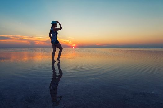 Beauty sunset on salty lake in Altay, Siberia, Russia