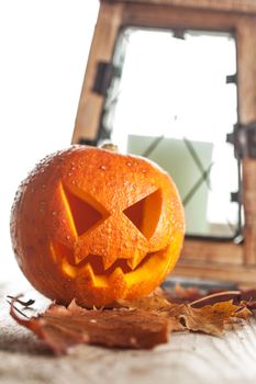 Halloween pumpkin and lantern with candle on white background