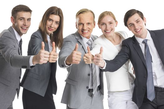 Business team showing thumb up isolated on white background