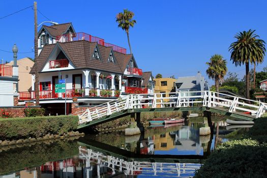 Santa Barbara, California, USA - September 18, 2012: View at the Mission Creek river in Santa Barbara during a hot sunny day. Residence houses showing on both sides of this river that floats in the middle of the city, next to the State Street.