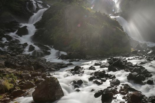 Soft water of the rough Latefossen falls in Odda Norway