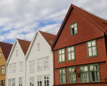 Famous Bryggen street with wooden colored houses in Bergen