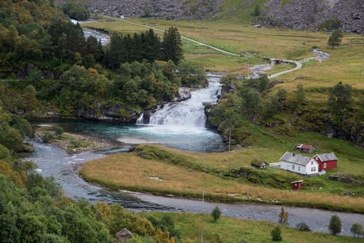 Varied landscape during the train trip of the Flamsbana way from Flam to Myrdal, Norway.