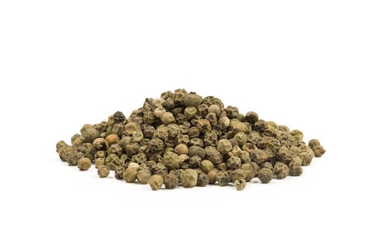 Pile of green peppercorn isolated over the white background.