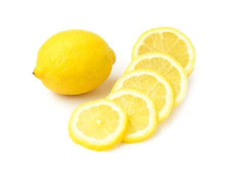 Closeup fresh lemon fruit and slice on white background