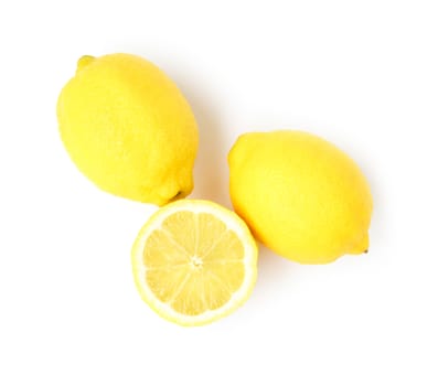 Closeup top view fresh lemon fruit and slice on white background