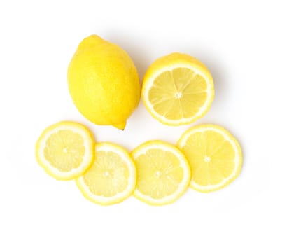 Closeup top view fresh lemon fruit and slice on white background