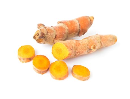 Fresh turmeric roots on white background, herb and healthy care concept